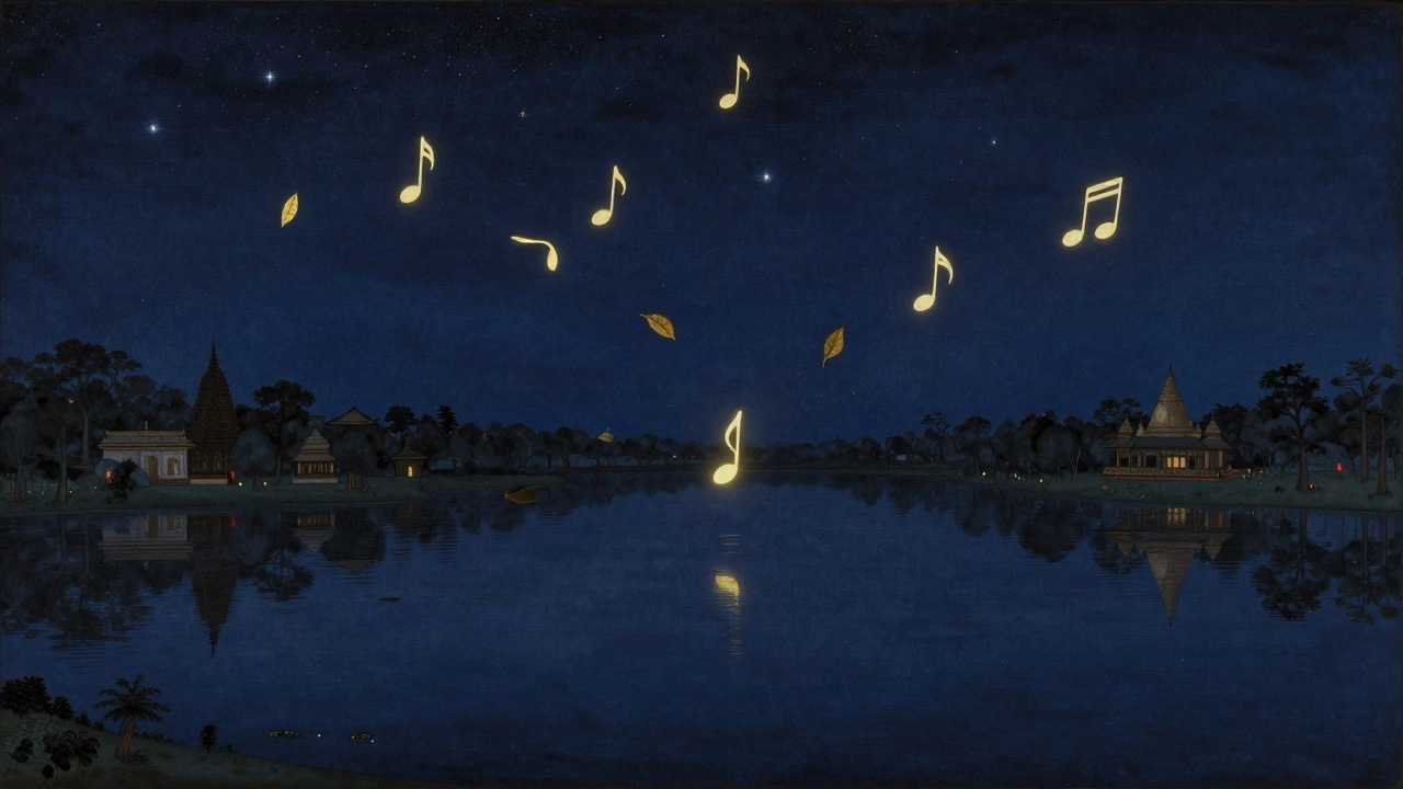 Floating musical notes as glowing symbols drift over a still midnight lake under starlit skies.