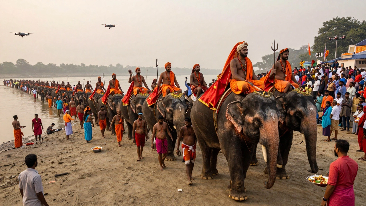 Naga Sadhus marching in procession with elephants and tridents during the Shahi Snan at Kumbh Mela.