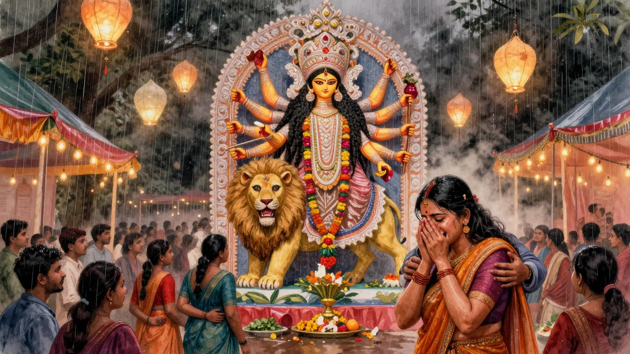 A massive Durga idol lit up in a pandal, surrounded by devotees offering flowers during a rainy farewell.