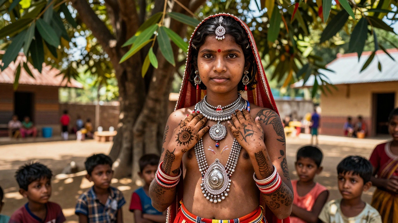 A tribal girl from Odisha wearing traditional jewelry and body art.