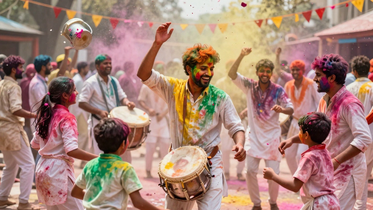 A vibrant crowd celebrating Holi with colored powders, dancing and splashing water in joyful chaos.