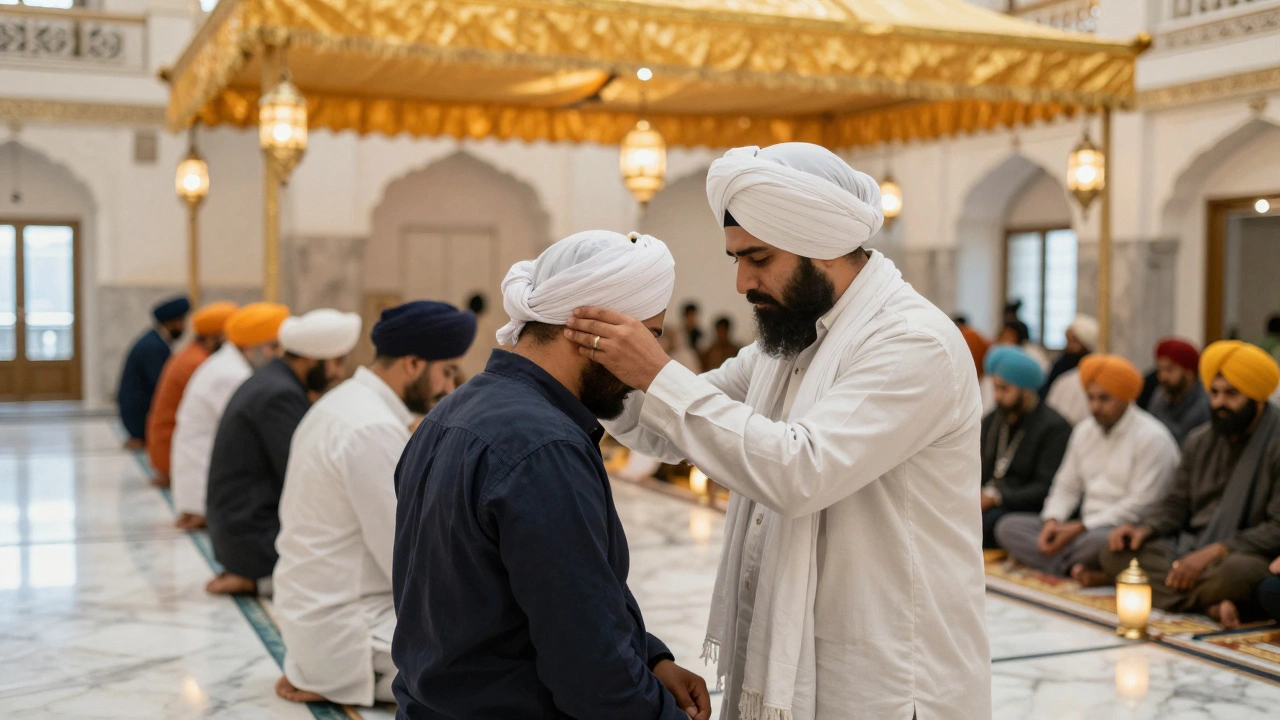 A visitor covering their head with a scarf before entering a Sikh gurudwara langar hall.