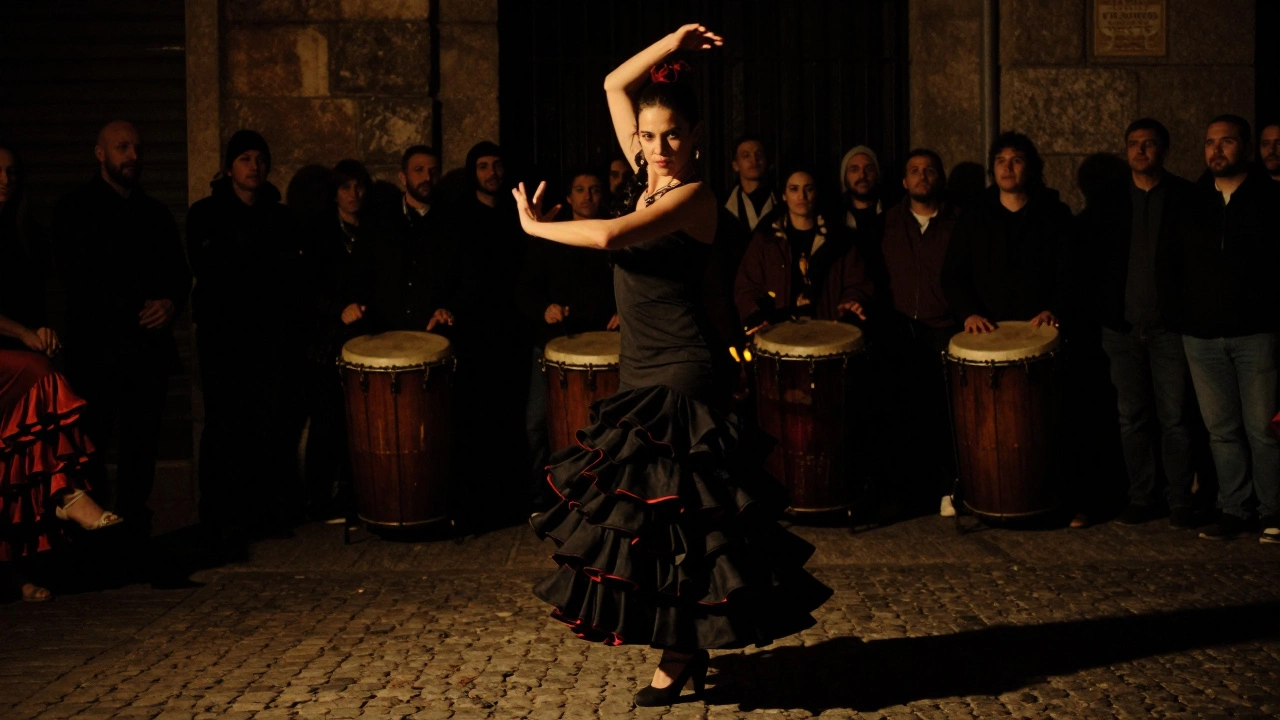 Carmen Amaya stomping flamenco on a cobblestone street at night, dress swirling, firelight illuminating her fierce gaze.