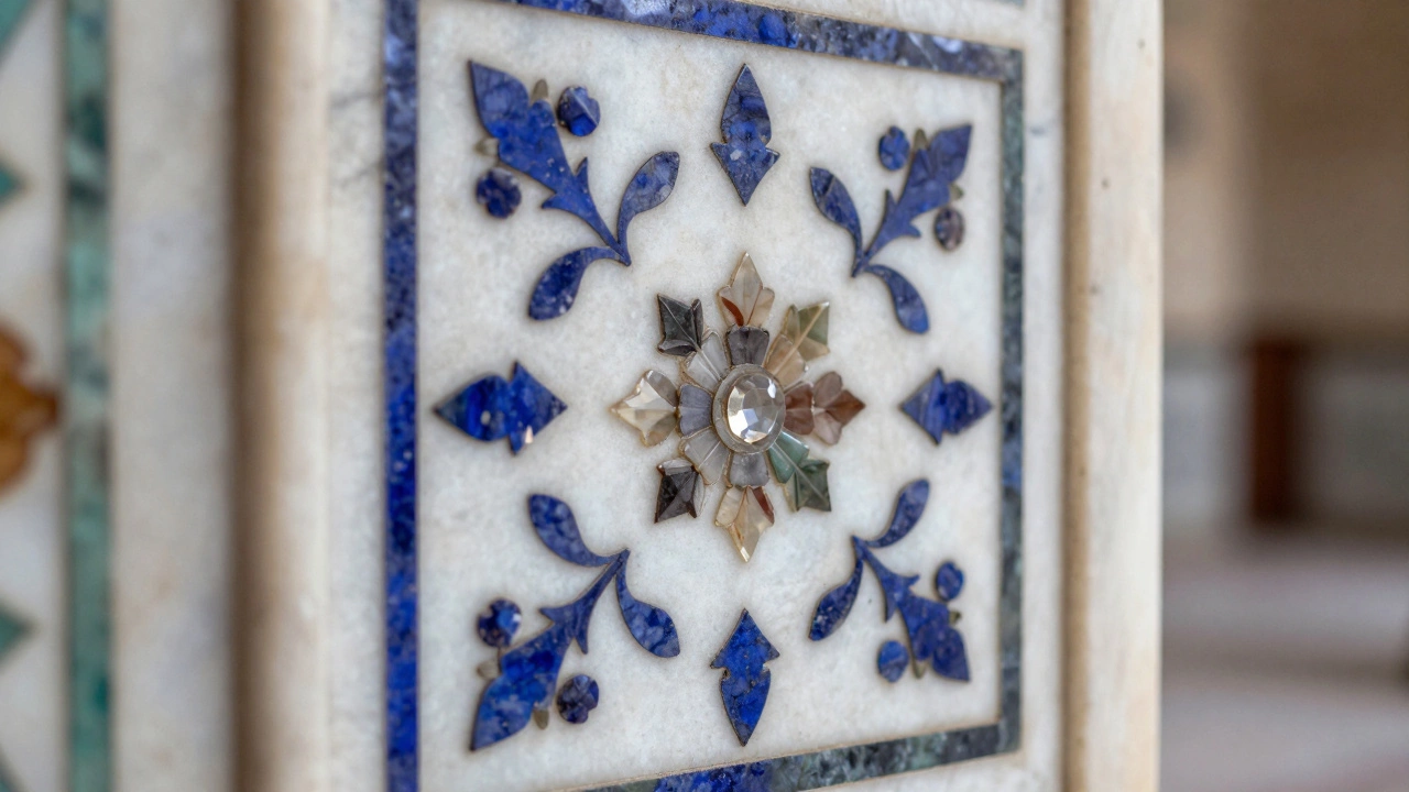 Close-up of semi-precious stone inlay on white marble wall.