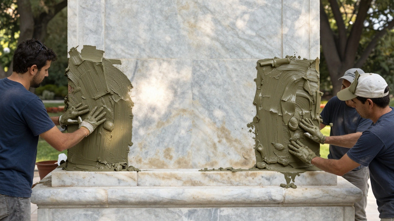 Conservators applying traditional mud packs to restore marble surface.