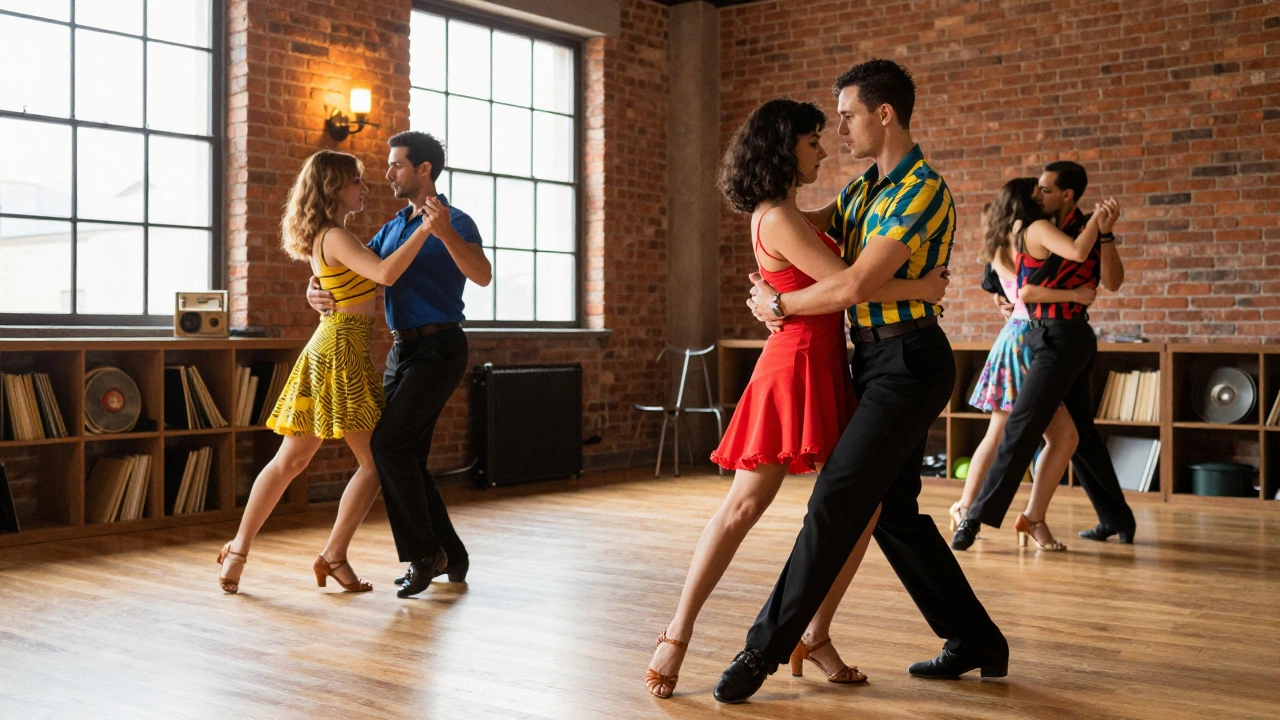 Couples dancing salsa in modern dance hall