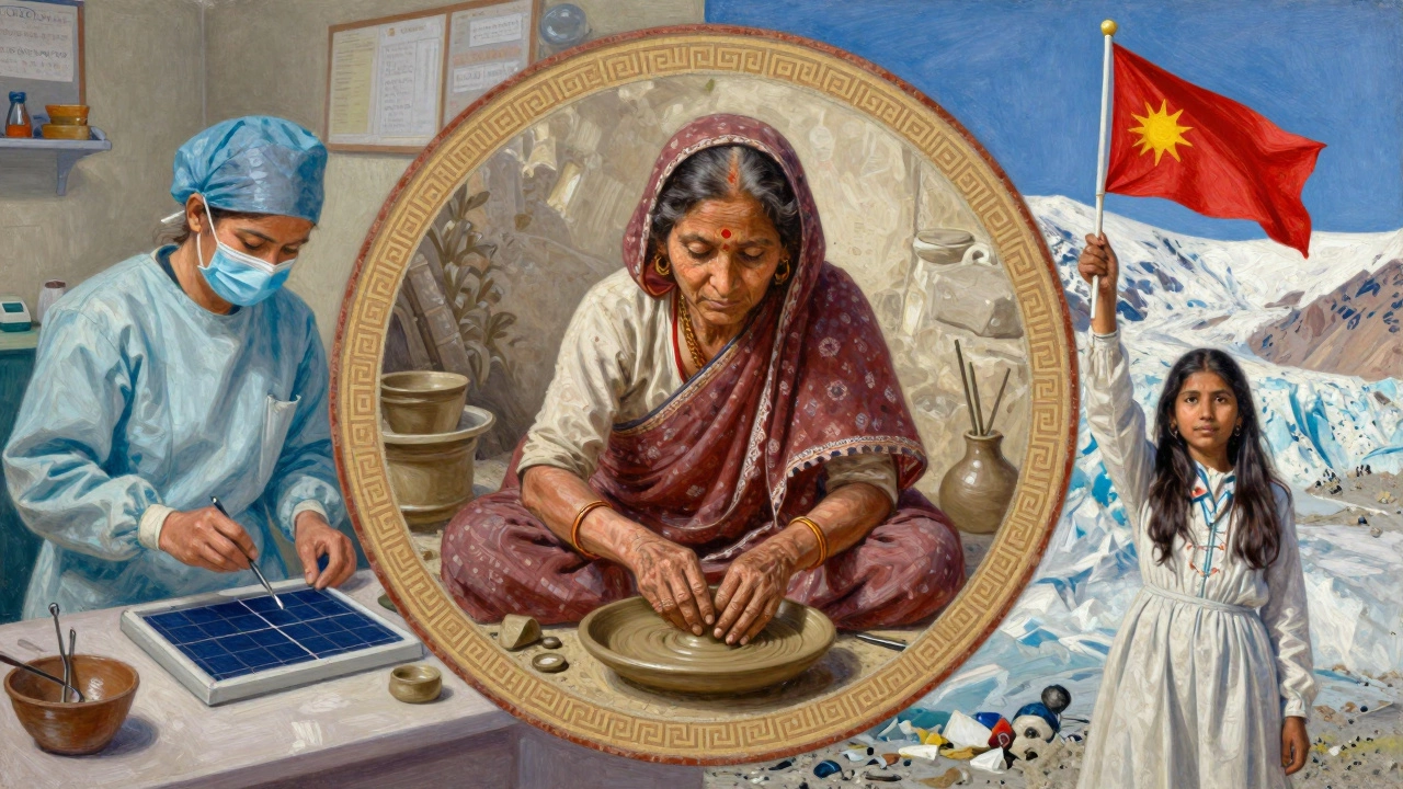 Three Indian women performing quiet acts of courage: surgeon, potter, and climate activist.