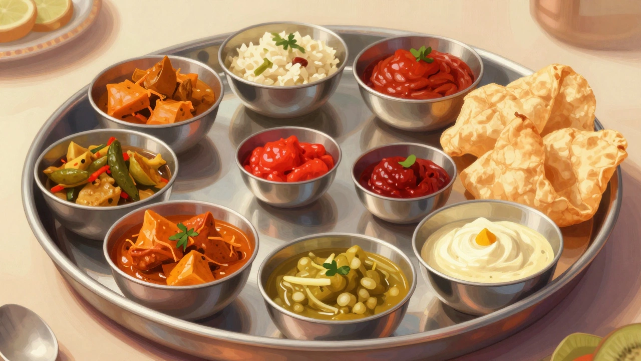 Traditional metal thali plate with small bowls of colorful curries and pickles.