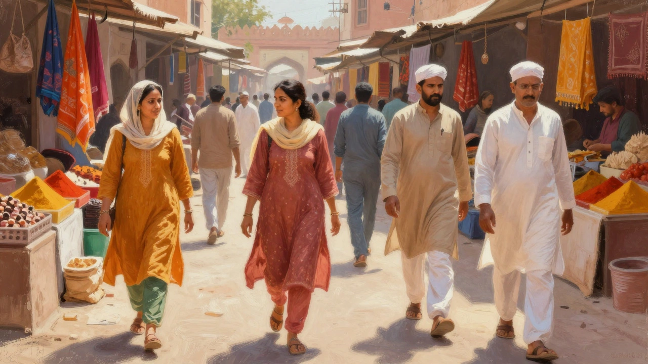 Travelers in modest Indian-inspired clothing walking through a colorful Jaipur market.