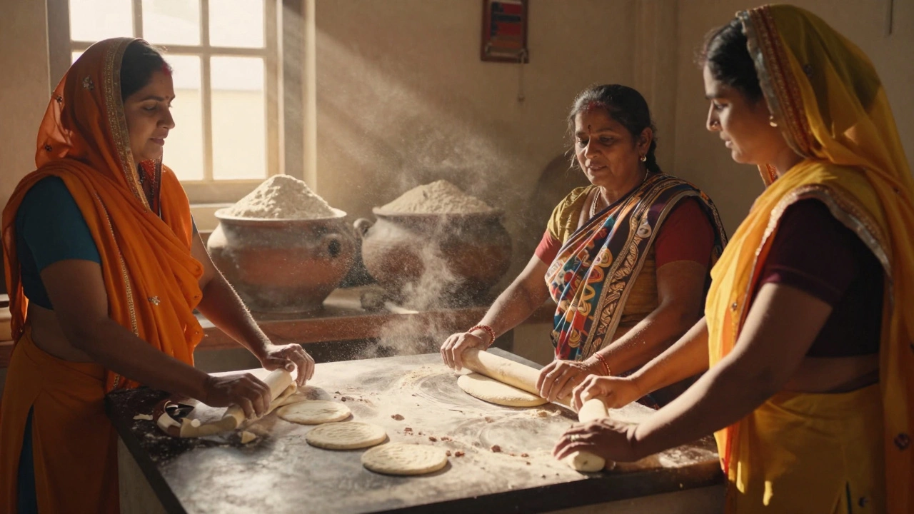 Women rolling wheat dough together in a sunlit kitchen with flour dust.