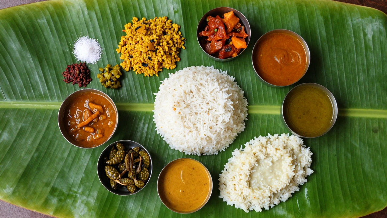 A full traditional Tamil meal served on a large green banana leaf.