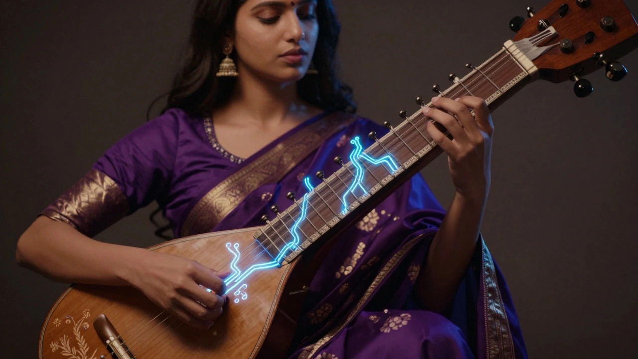 A modern musician playing a sitar with neon lights, symbolizing the blend of tradition and technology.