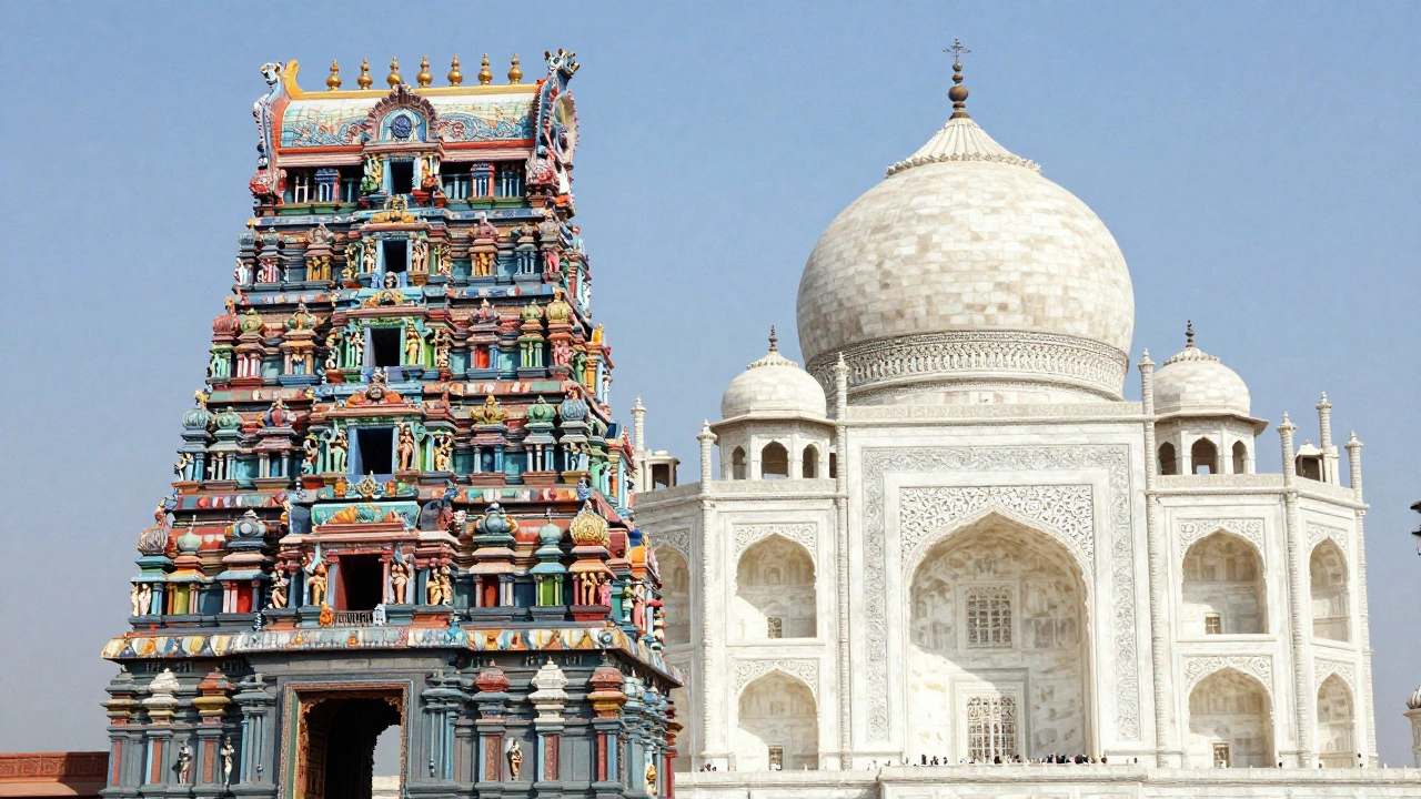 A split composition showing a colorful Dravidian temple tower and the white marble Taj Mahal.
