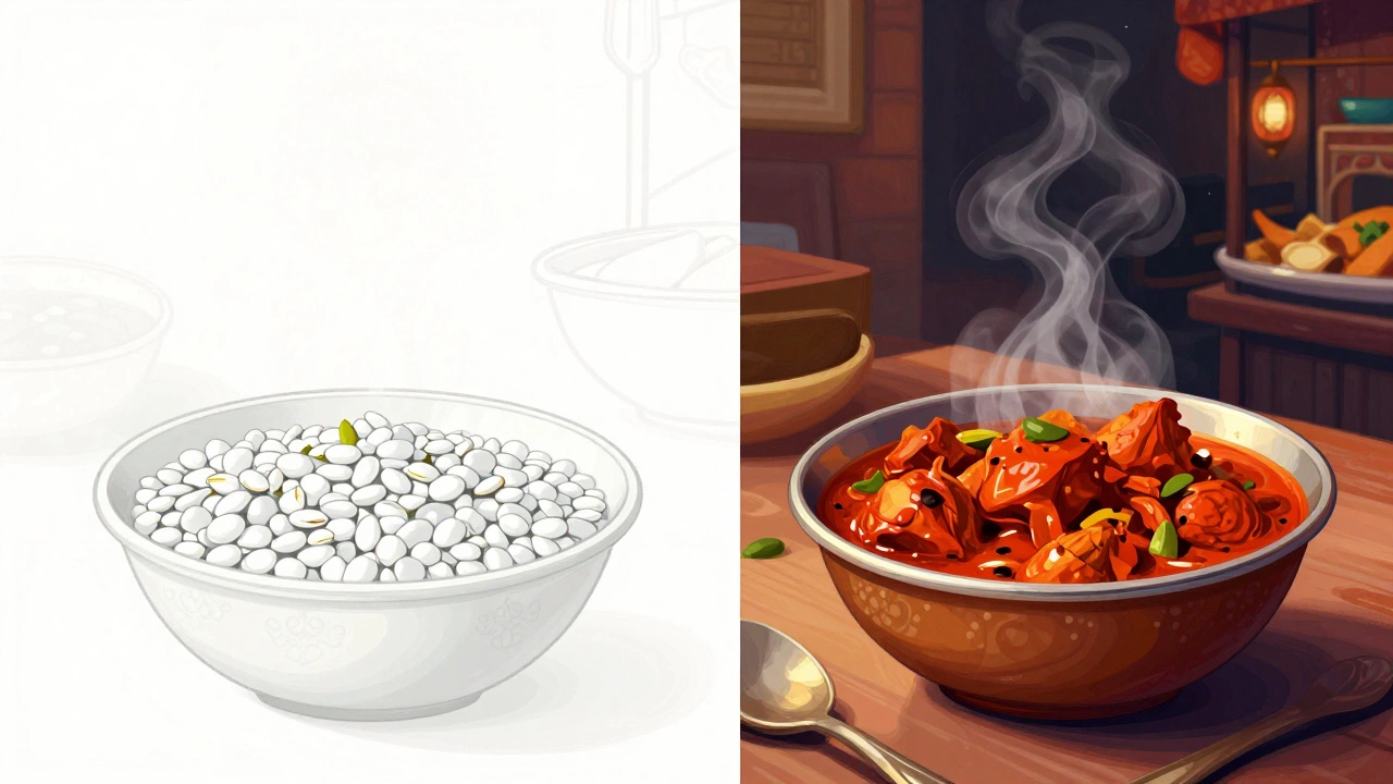 A split-screen illustration contrasting a vegetarian kitchen with a spicy chicken curry dish.