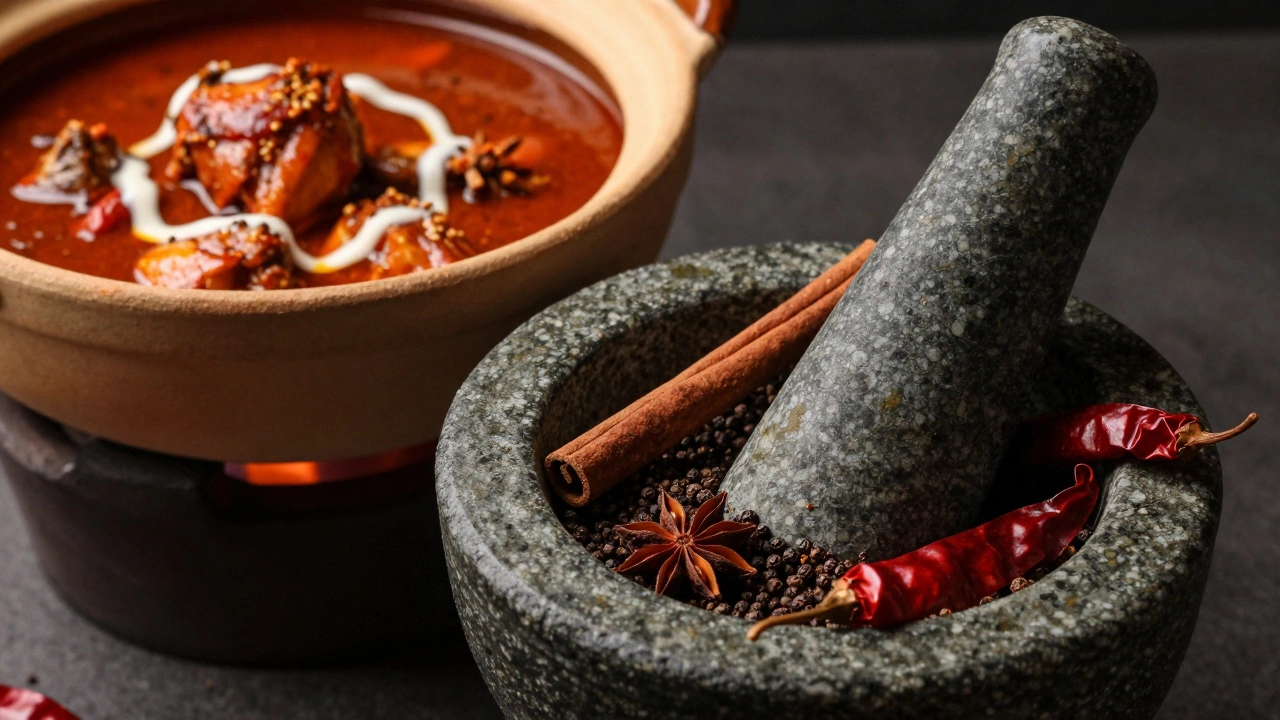 Freshly roasted spices and Chettinad chicken curry in a traditional clay pot.