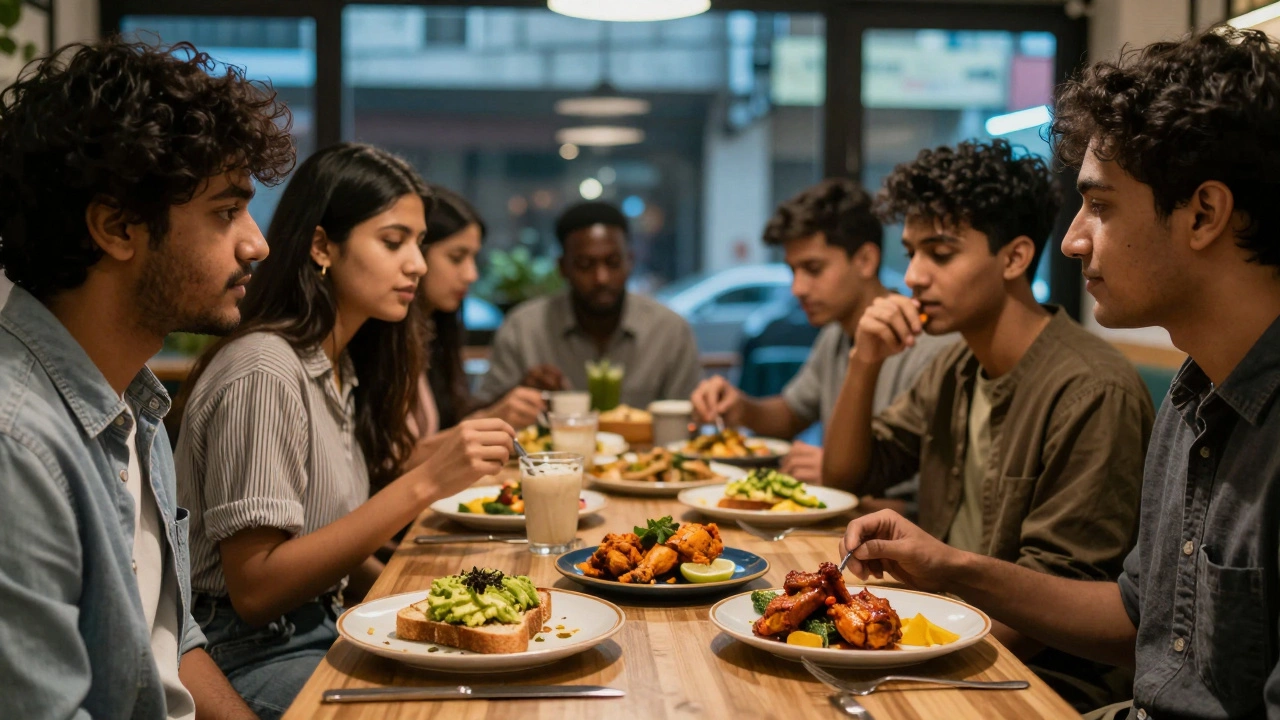 Young people sharing a mix of vegetarian and non-vegetarian food at a modern Vadodara cafe.