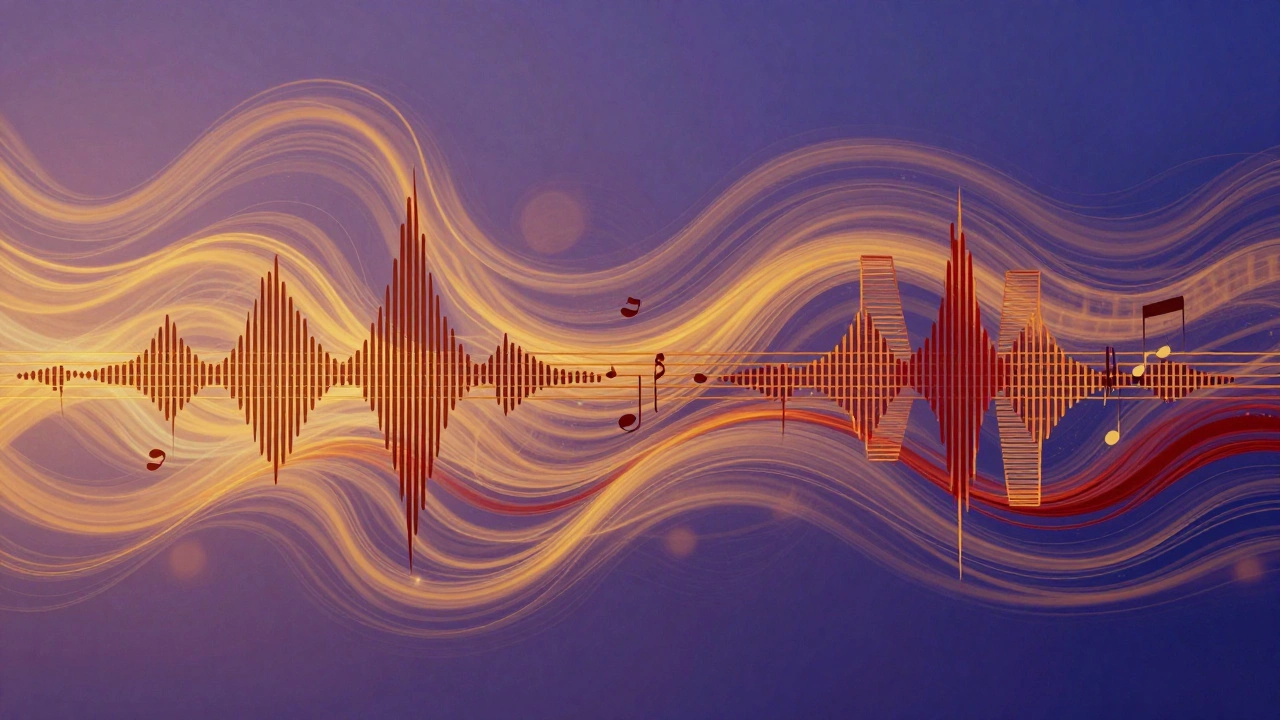 Abstract art depicting fluid ragas and structured talas as intertwining sound waves