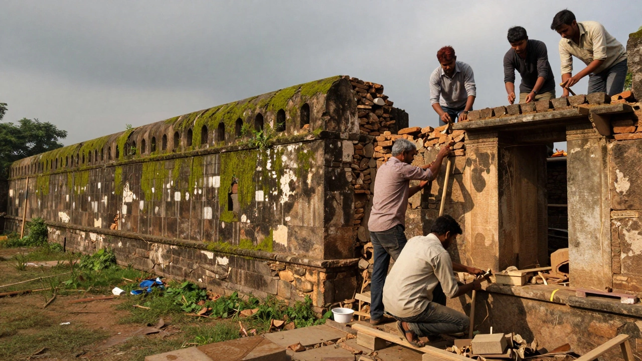 Artisans restoring an ancient stone fort wall by hand