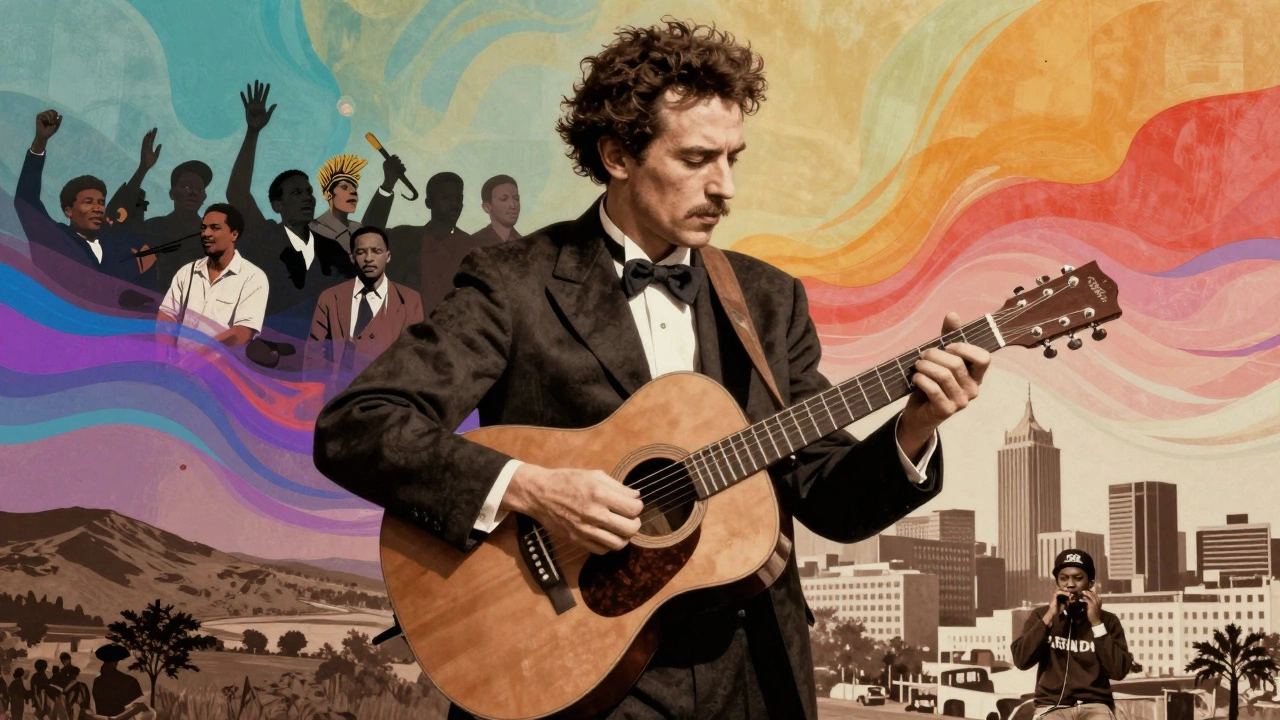 Artistic depiction of Woody Guthrie's influence spreading to various music genres