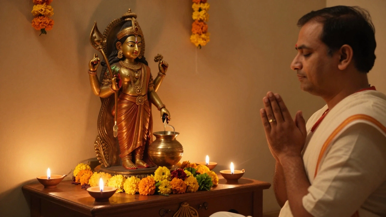 Ayurvedic doctor praying before a statue of Dhanvantari with oil lamps