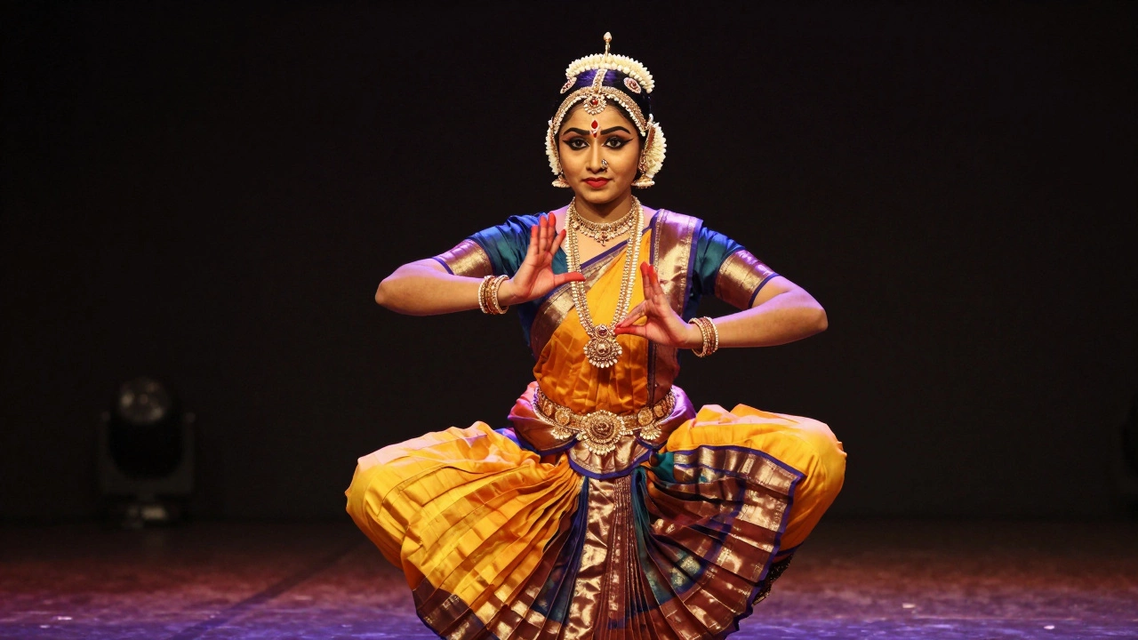 Bharatanatyam classical dancer performing with intricate gestures and traditional costume