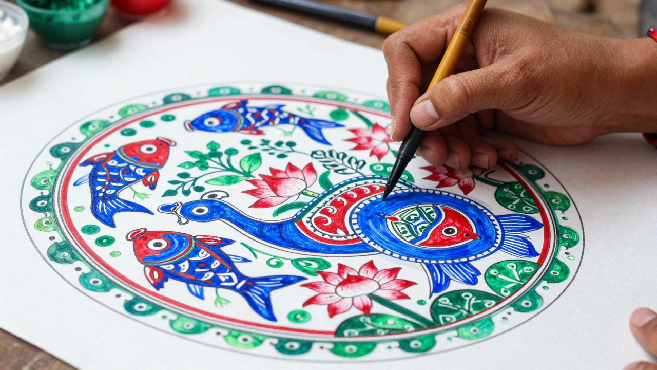 Close-up of hands painting vibrant Madhubani folk art with natural pigments