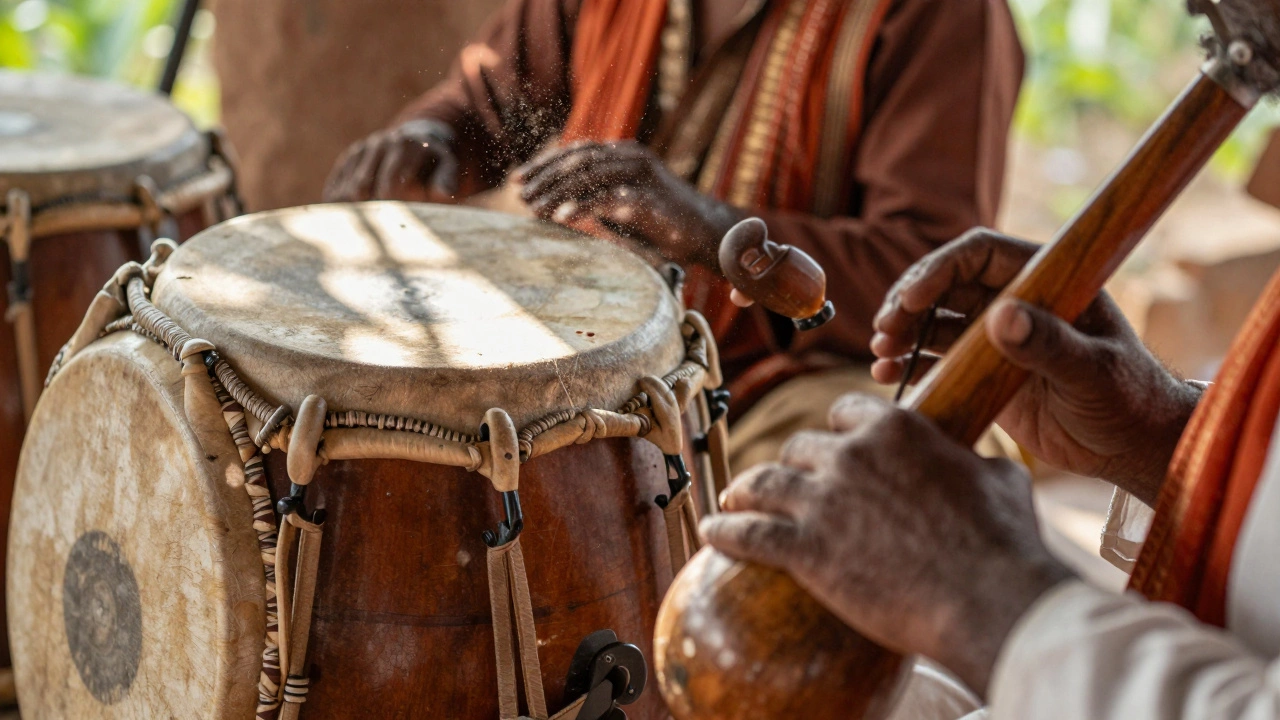 Close-up of hands playing traditional Indian folk instruments like Dhol and Ektara