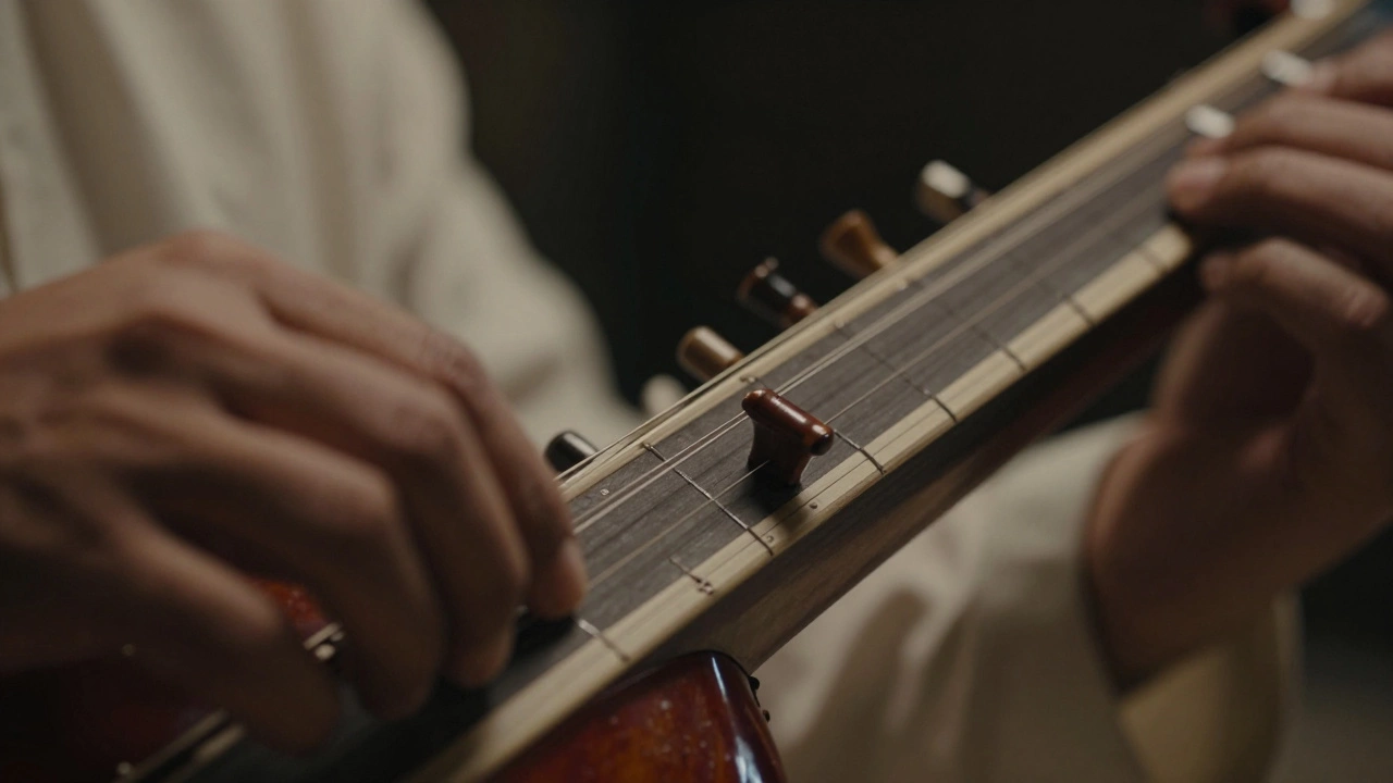Close-up of musician's hands gliding along instrument strings during performance.