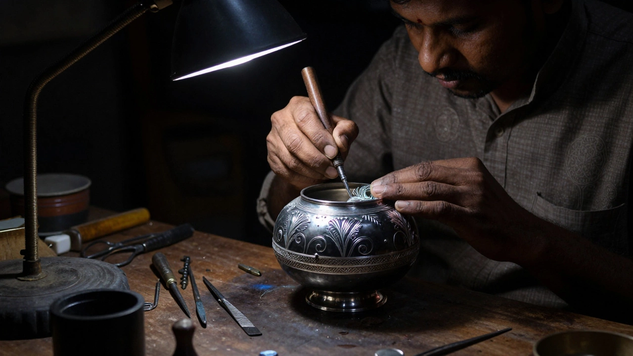 Craftsman inlaying silver wire into black Bidriware metal vessel