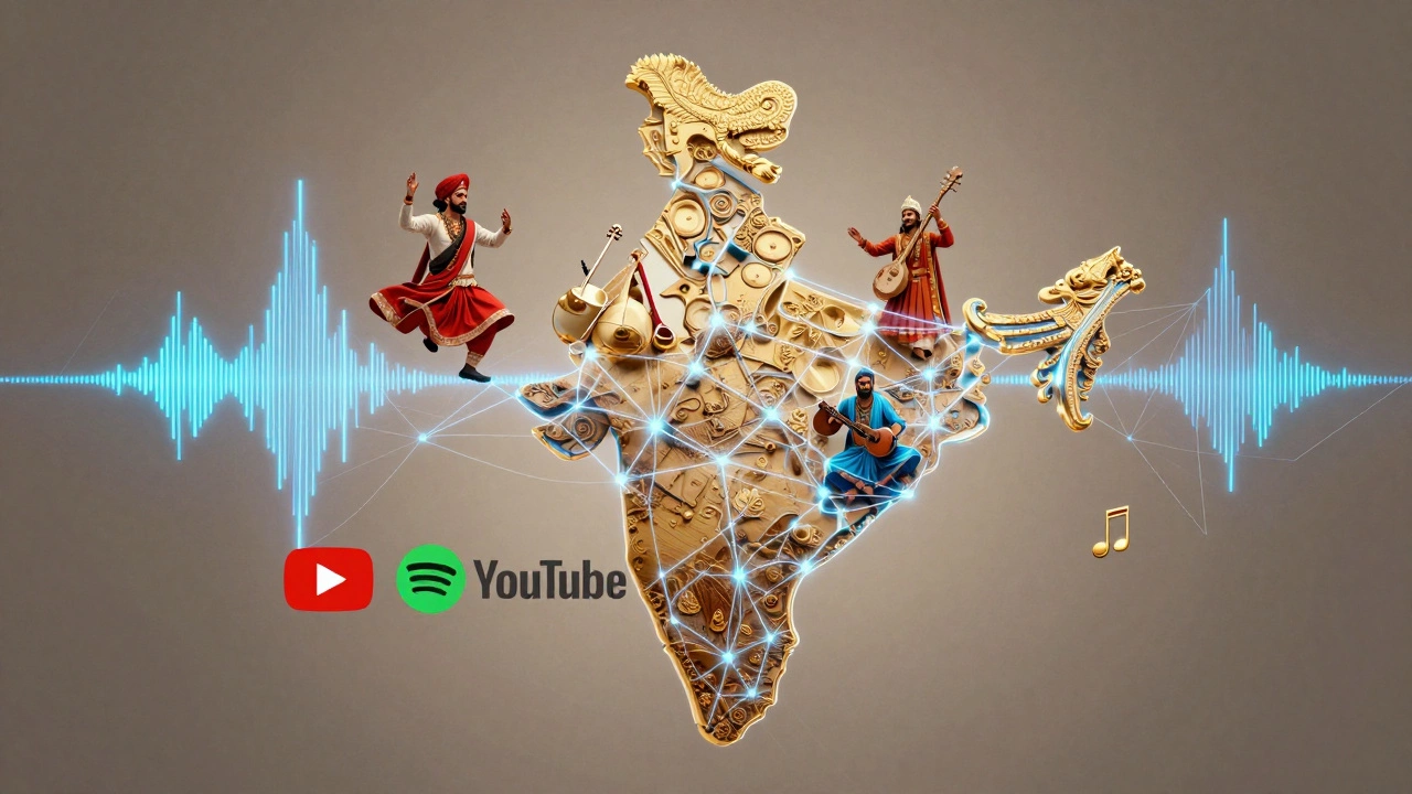 Digital art showing Indian folk music connecting regions via glowing networks