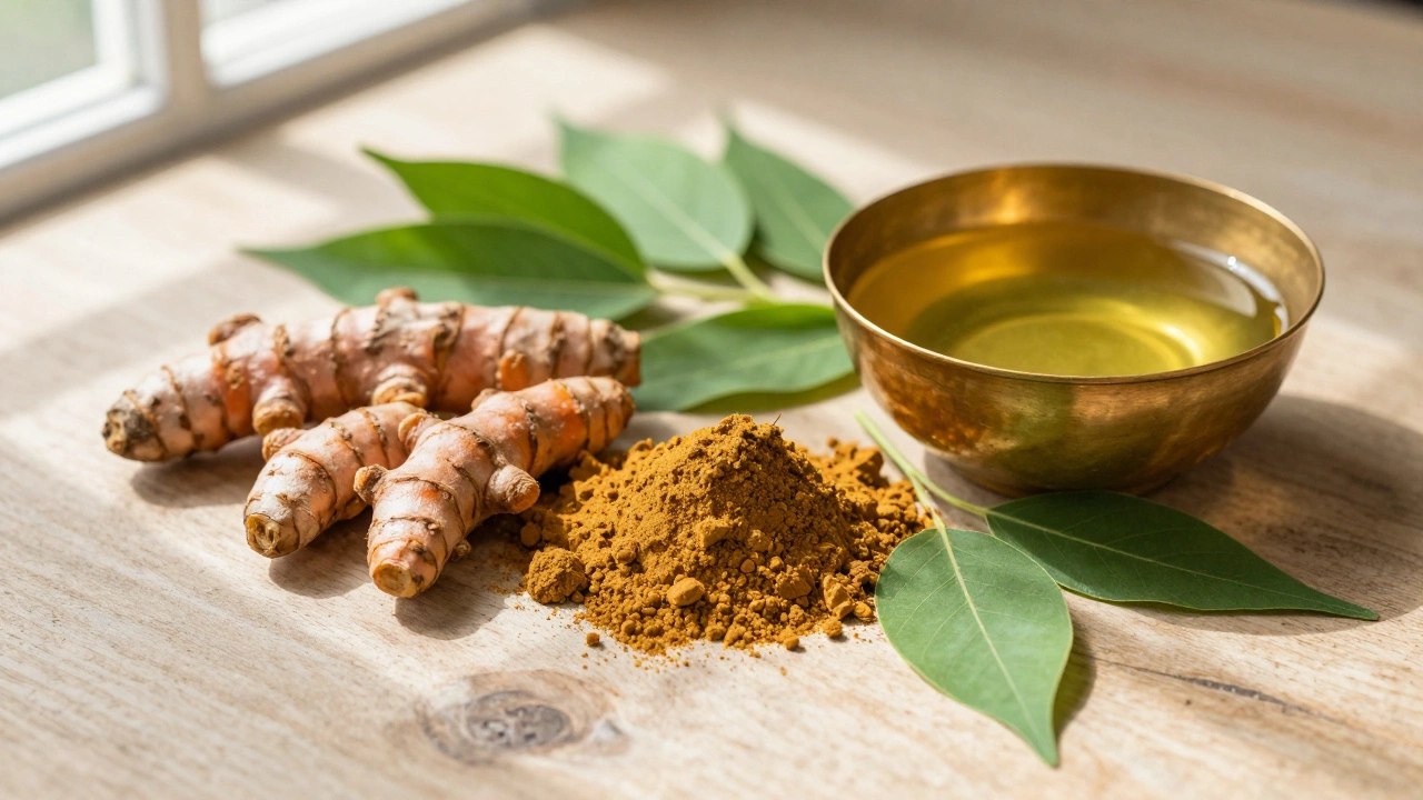 Fresh Ayurvedic herbs and ingredients arranged on a wooden table