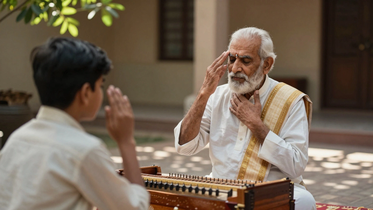 Guru teaching vocal technique to a student in a courtyard