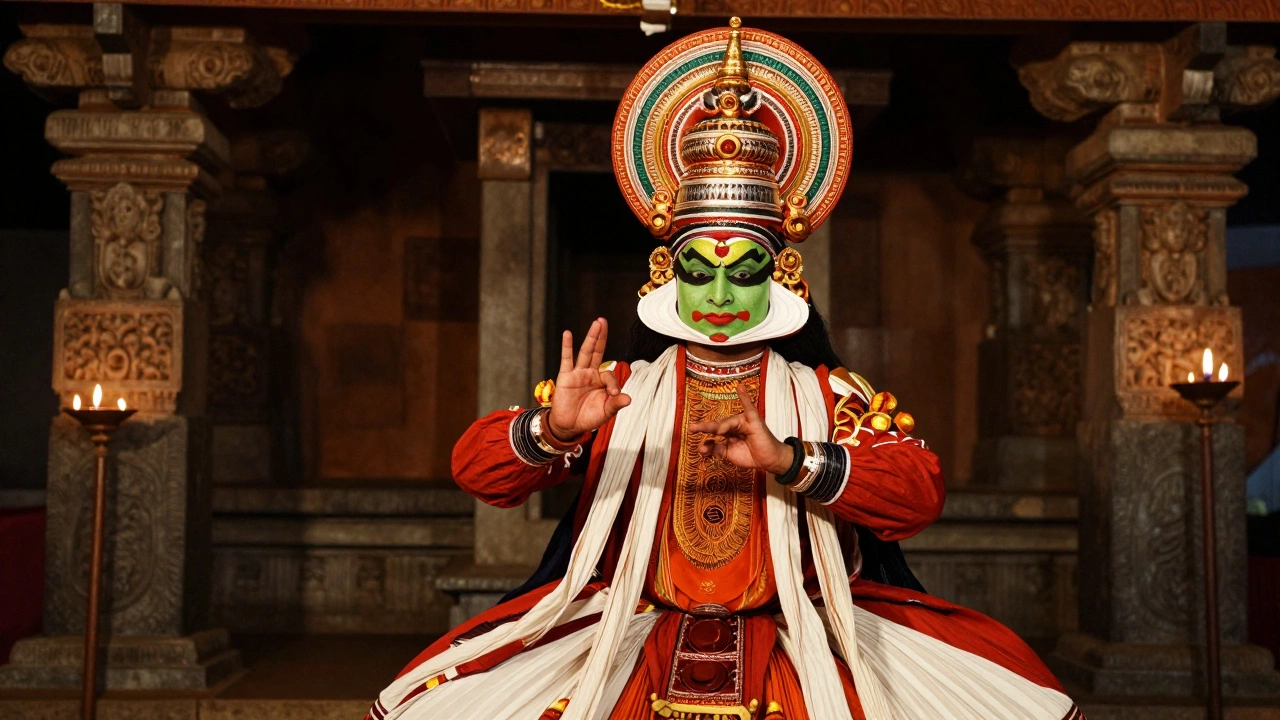 Kathakali dancer performing in traditional costume in temple