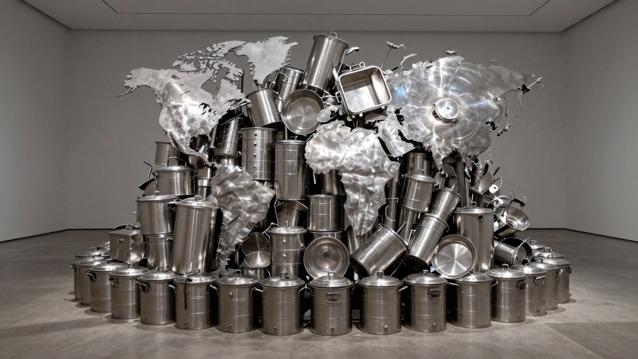 Modern sculpture made of stacked stainless steel kitchen utensils in a gallery