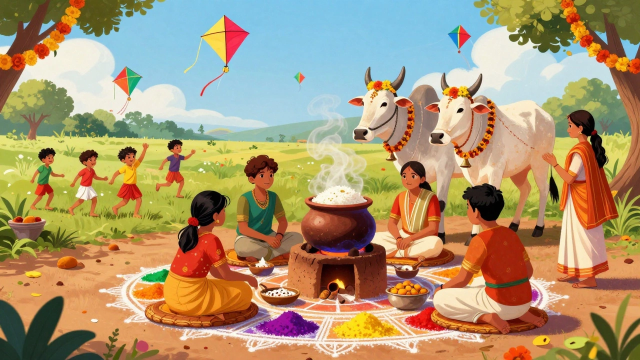Pongal festival scene with decorated cattle and cooking families