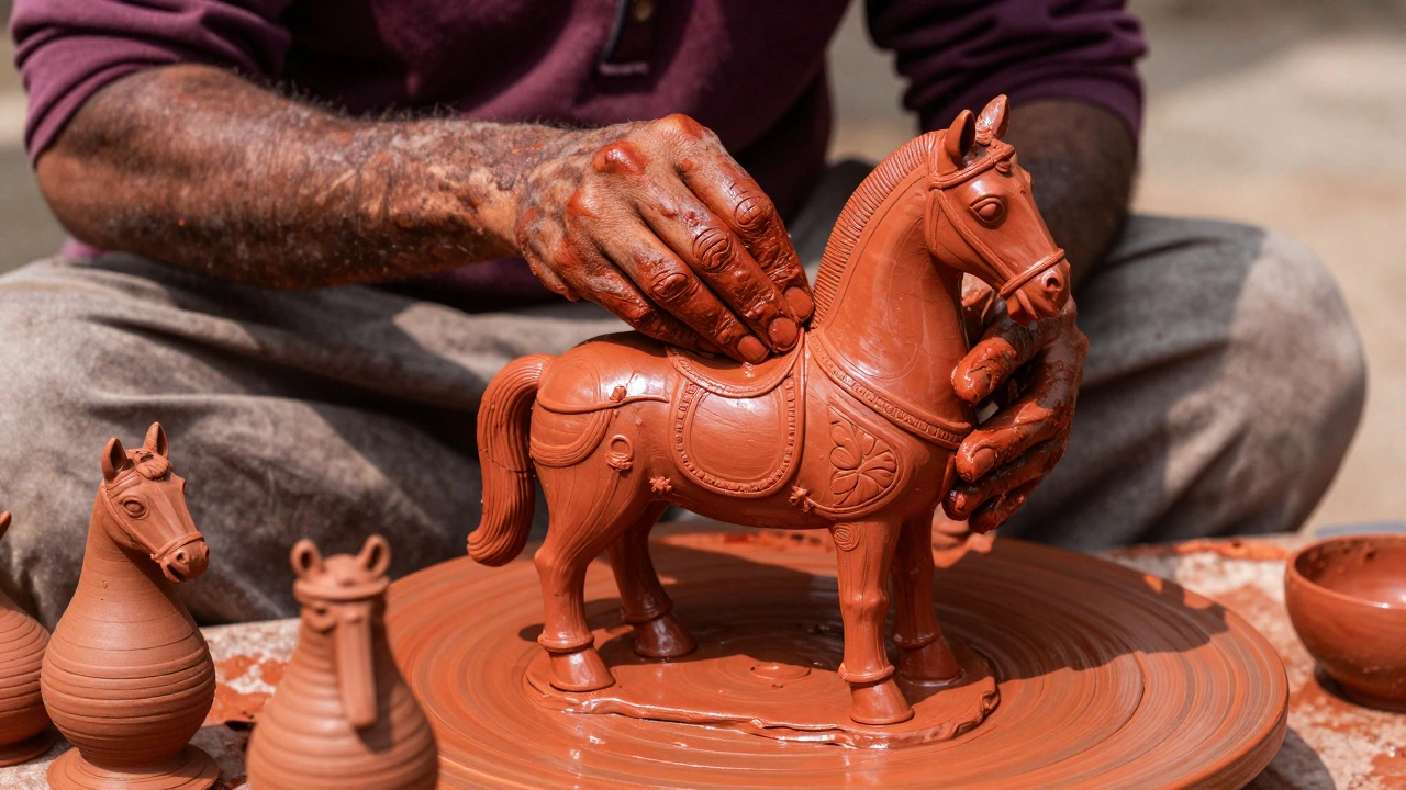 Potter shaping a red clay Bankura horse statue in sunlight