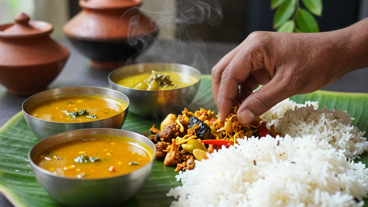 Traditional Tamil vegetarian meal served on banana leaf with various curries and rice