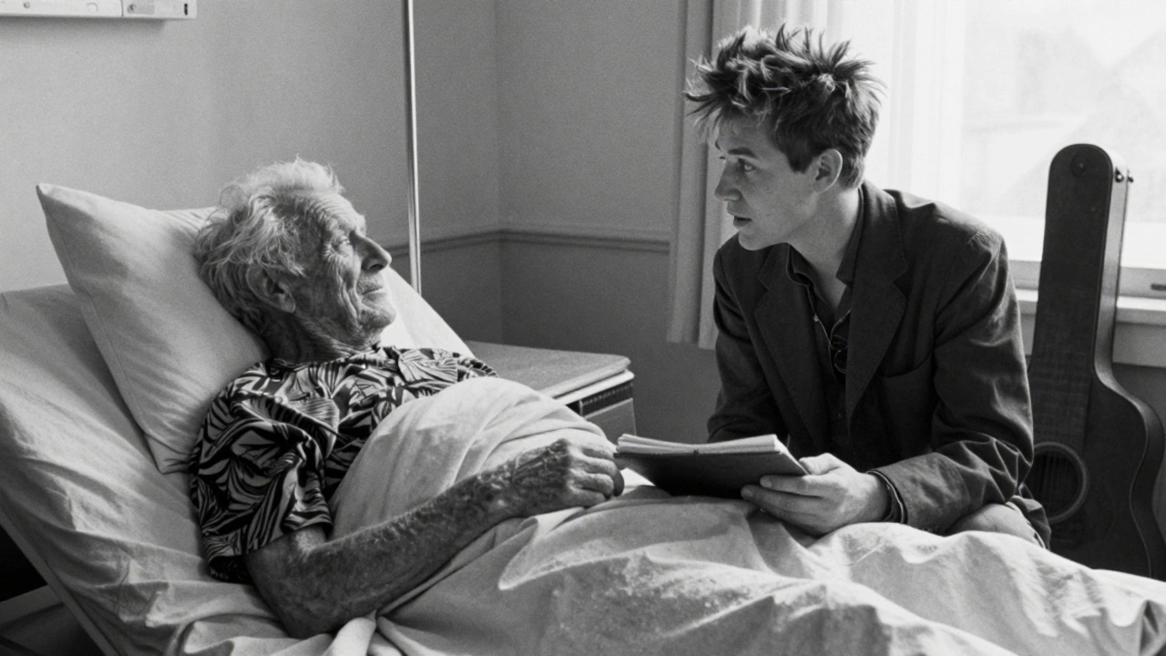 Young Bob Dylan visiting an elderly Woody Guthrie in a hospital room