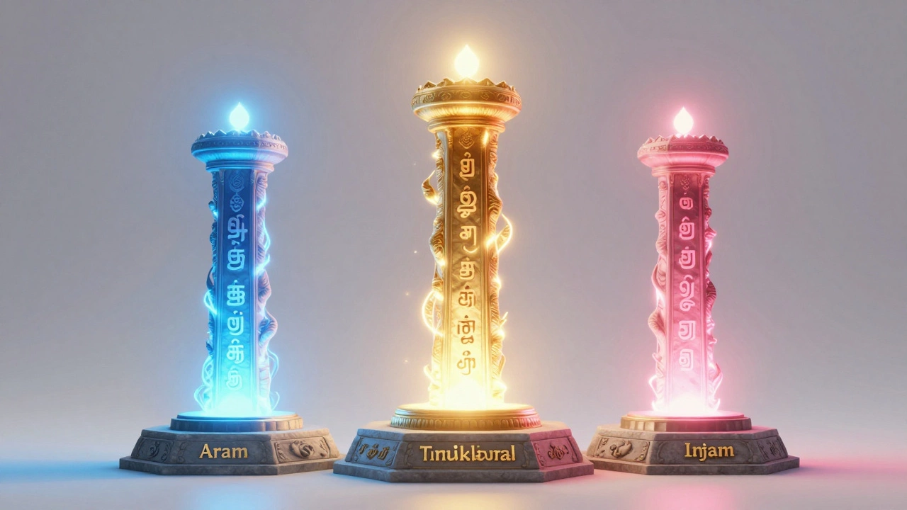 Abstract art showing three pillars representing virtue, wealth, and love