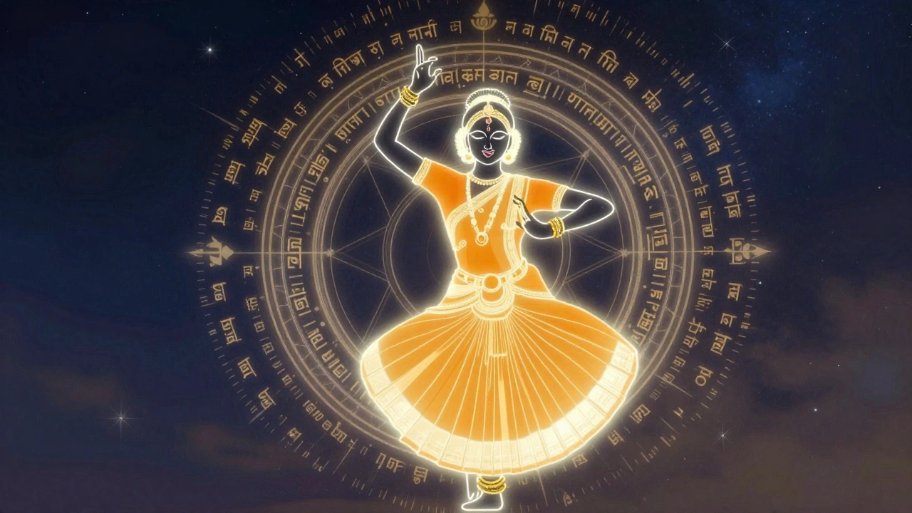 Abstract illustration of a Bharatanatyam dancer with glowing Sanskrit symbols.