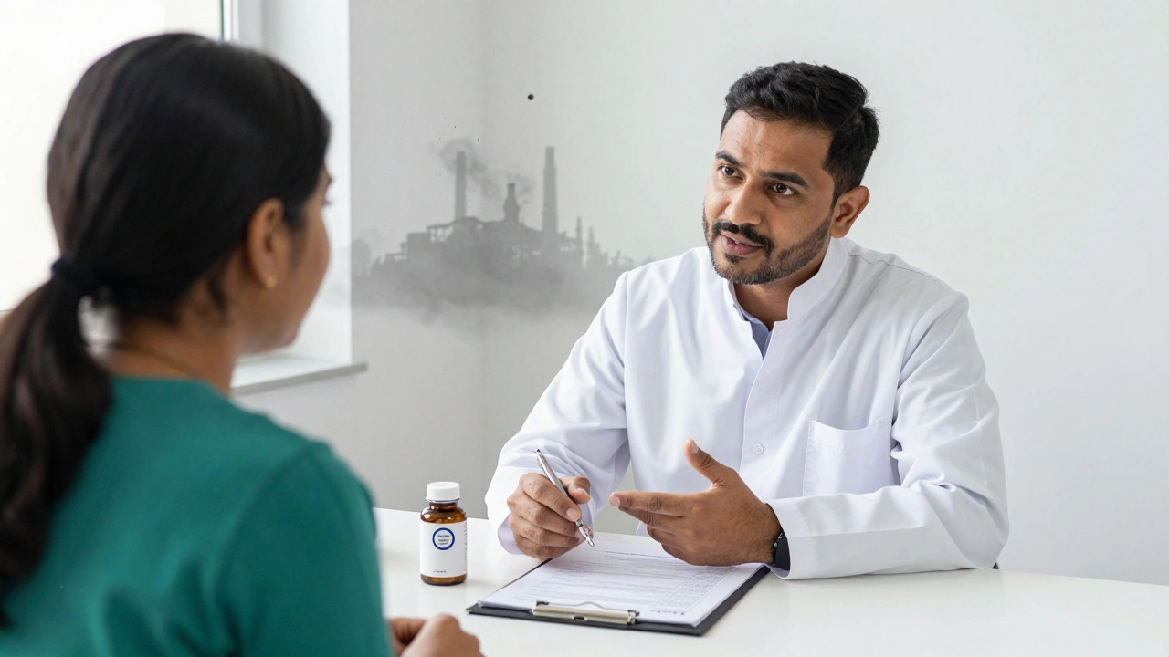 Ayurvedic doctor consulting with a patient, showing tested supplement bottles.