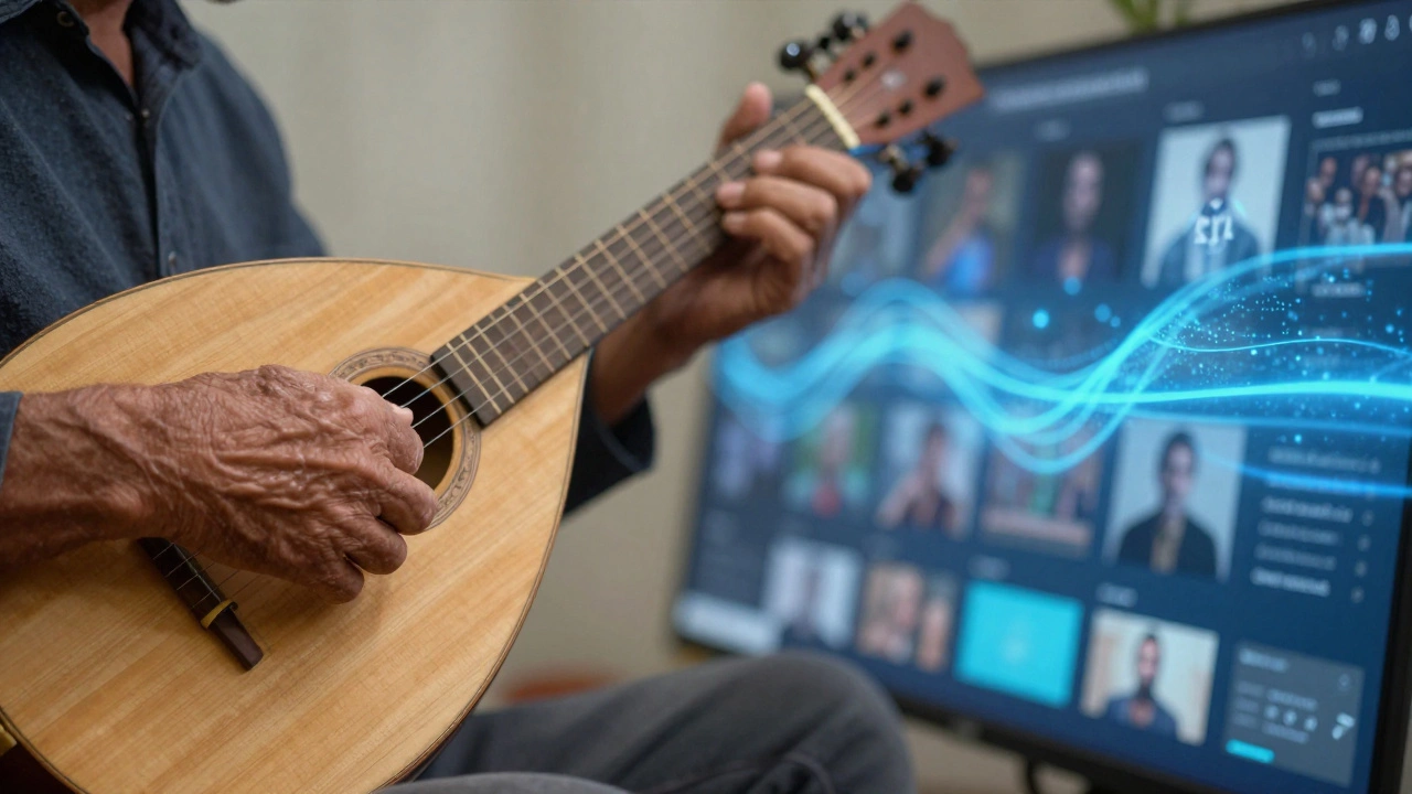 Close-up of folk musician's hands vs abstract digital streaming data