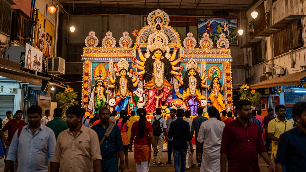 Colorful Durga Puja pandal in Kolkata with crowds