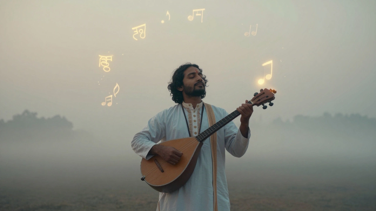 Ethereal portrait of a Baul singer with ektara in misty landscape