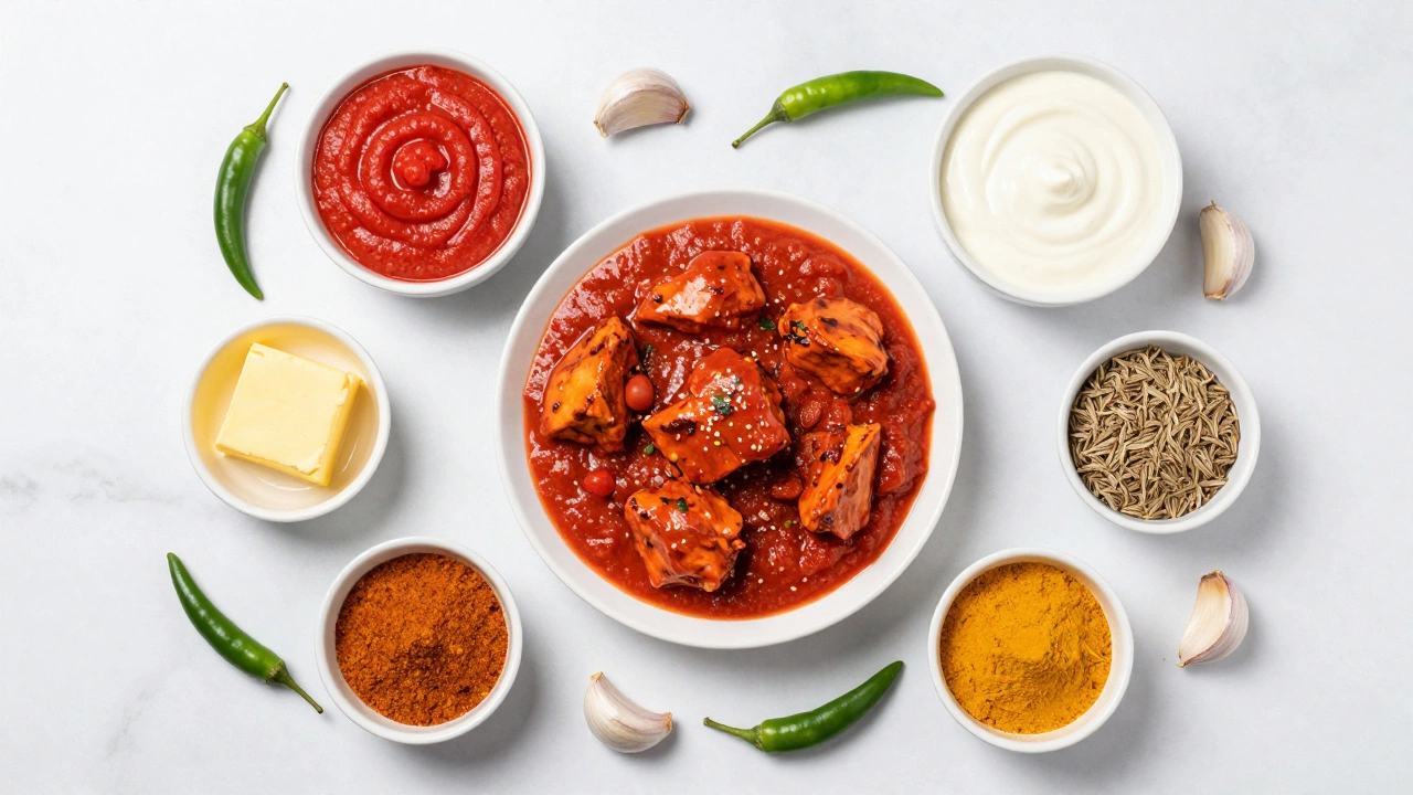 Flat lay of butter chicken ingredients including spices and cream