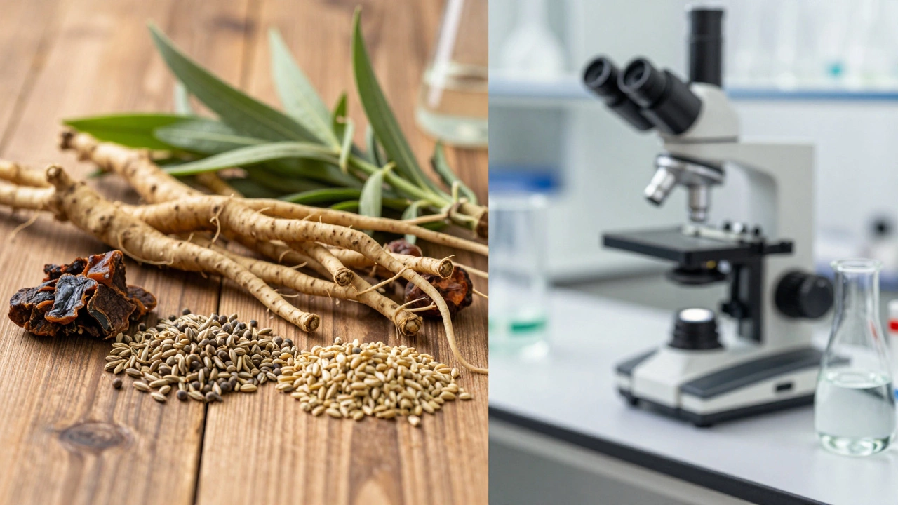 Fresh Ayurvedic herbs on wood next to a blurred laboratory background.