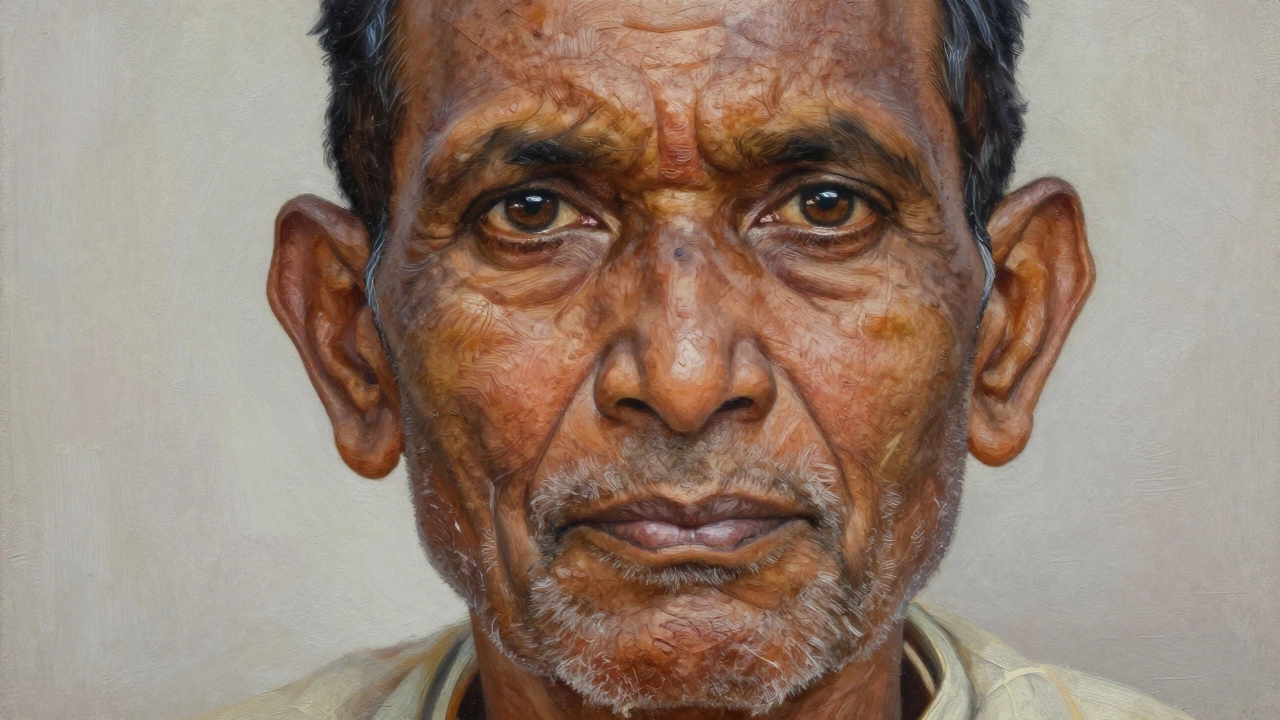 Hyperrealistic close-up portrait of an Indian man showing detailed skin texture and expression
