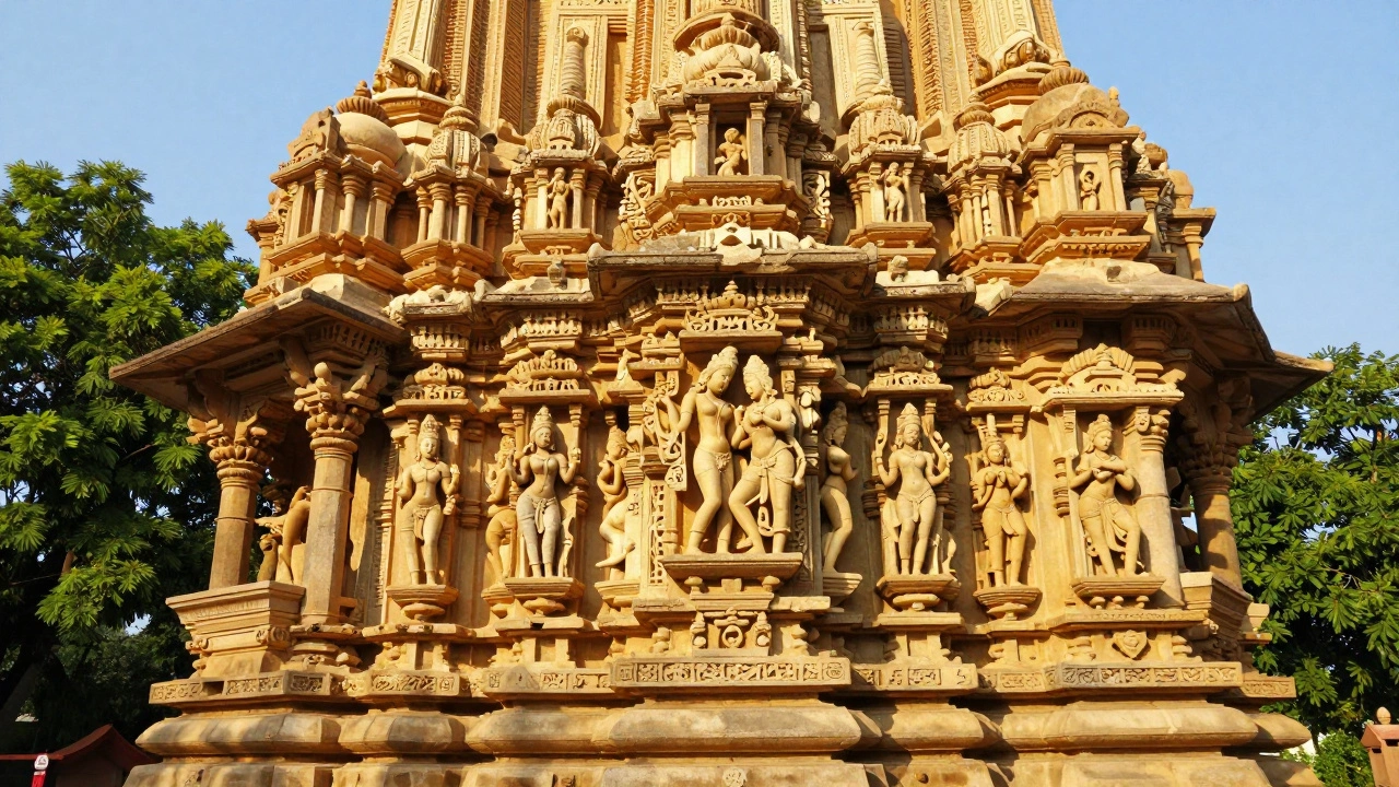 Intricate sandstone carvings on Khajuraho Temple spires