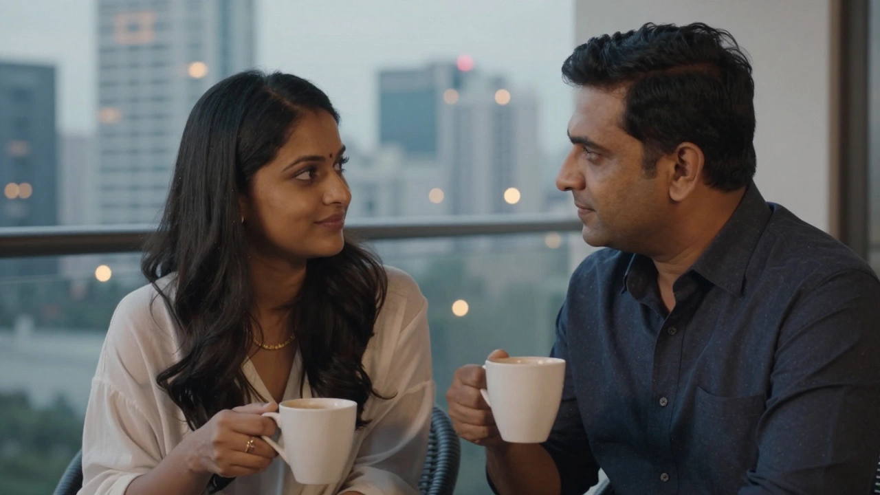 Mature Indian couple in thirties relaxing on a modern city balcony at dusk