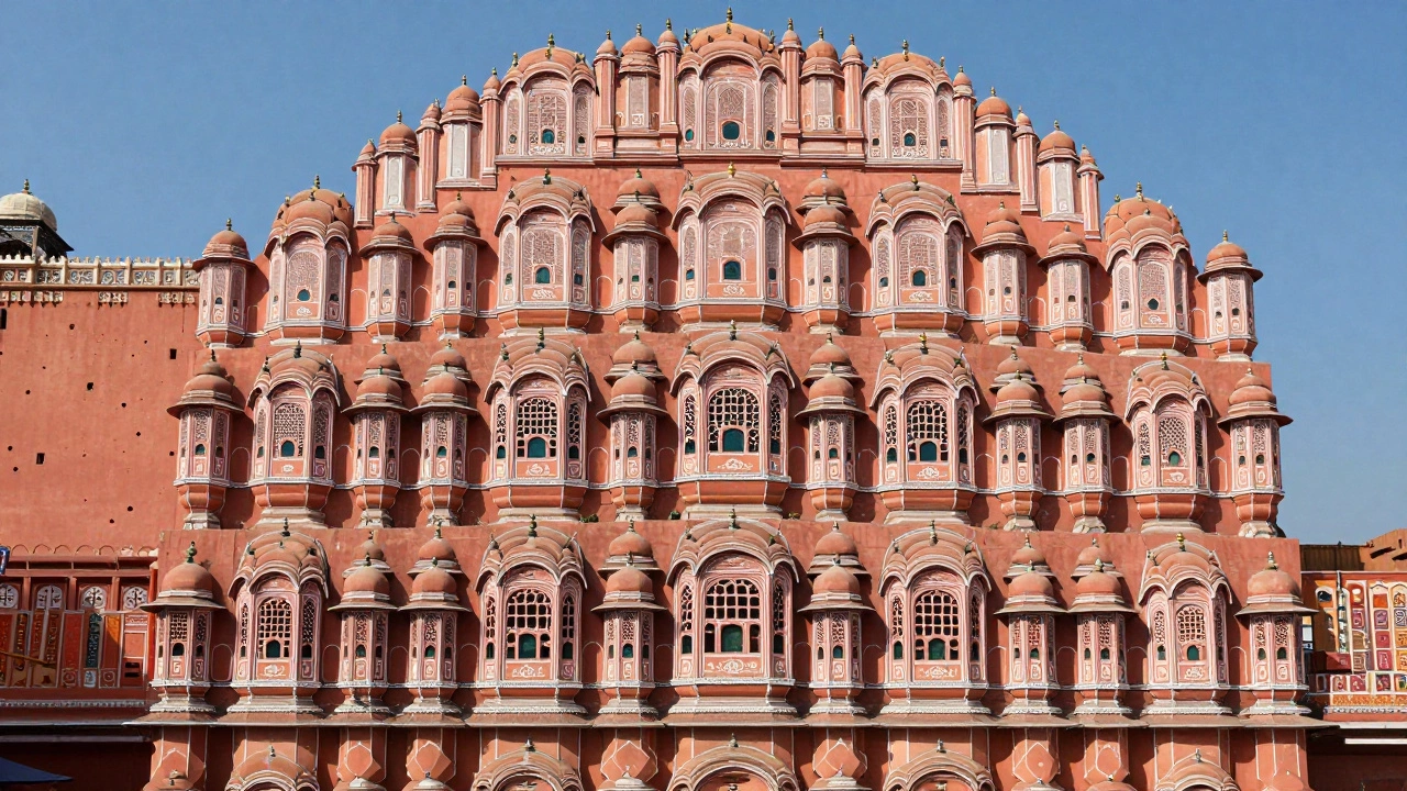 Pink facade of Hawa Mahal in Jaipur with sunlight